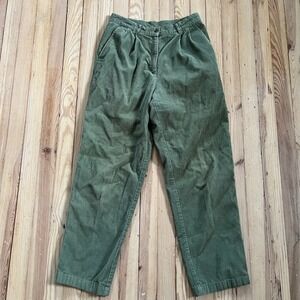 LL Bean Corduroy Pants Womens 8 Reg Green Pleated High Rise Straight Leg Cotton